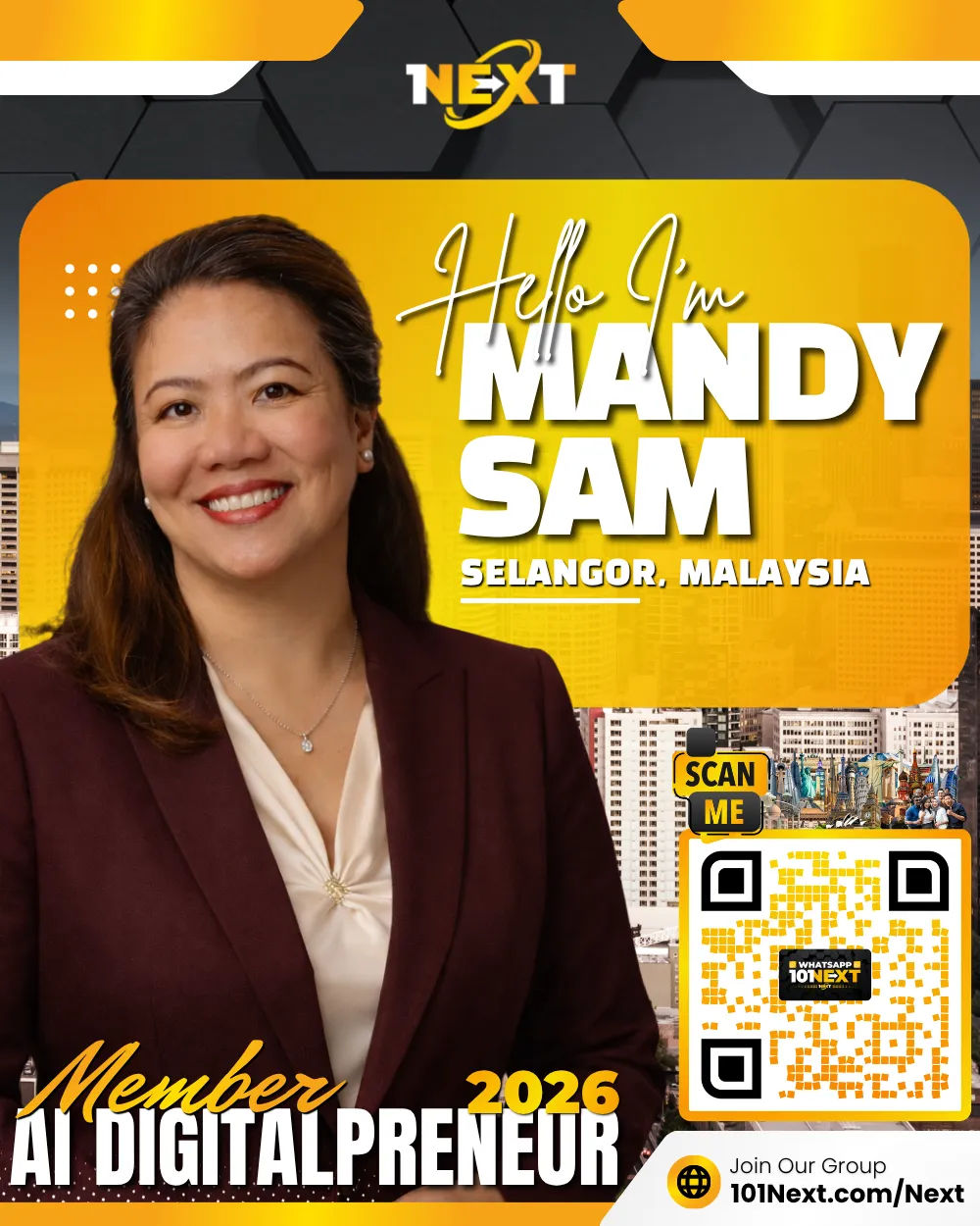 Portrait of Mandy Sam Sook May, 101Next AI DigitalPreneur member, sales enabler and coach in Selangor, Malaysia.