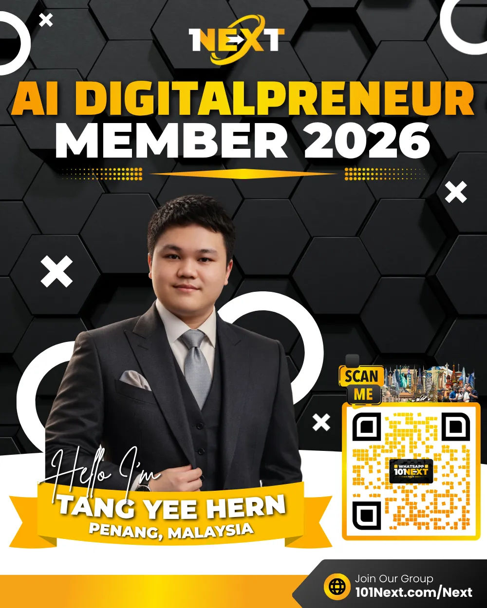 Portrait of Tang Yee Hern (陈钇衡）, 101Next AI DigitalPreneur member, programmer in Penang, Malaysia.