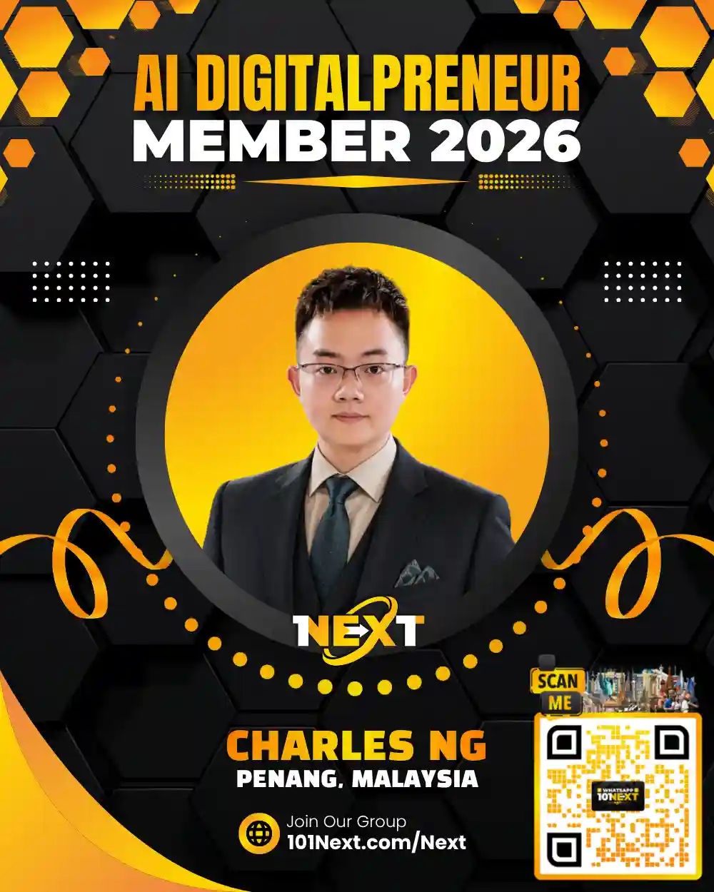 Portrait of Charles Ng Pei Gang, 101Next AI DigitalPreneur member, marketing content creator and freelance video editor in Penang, Malaysia.