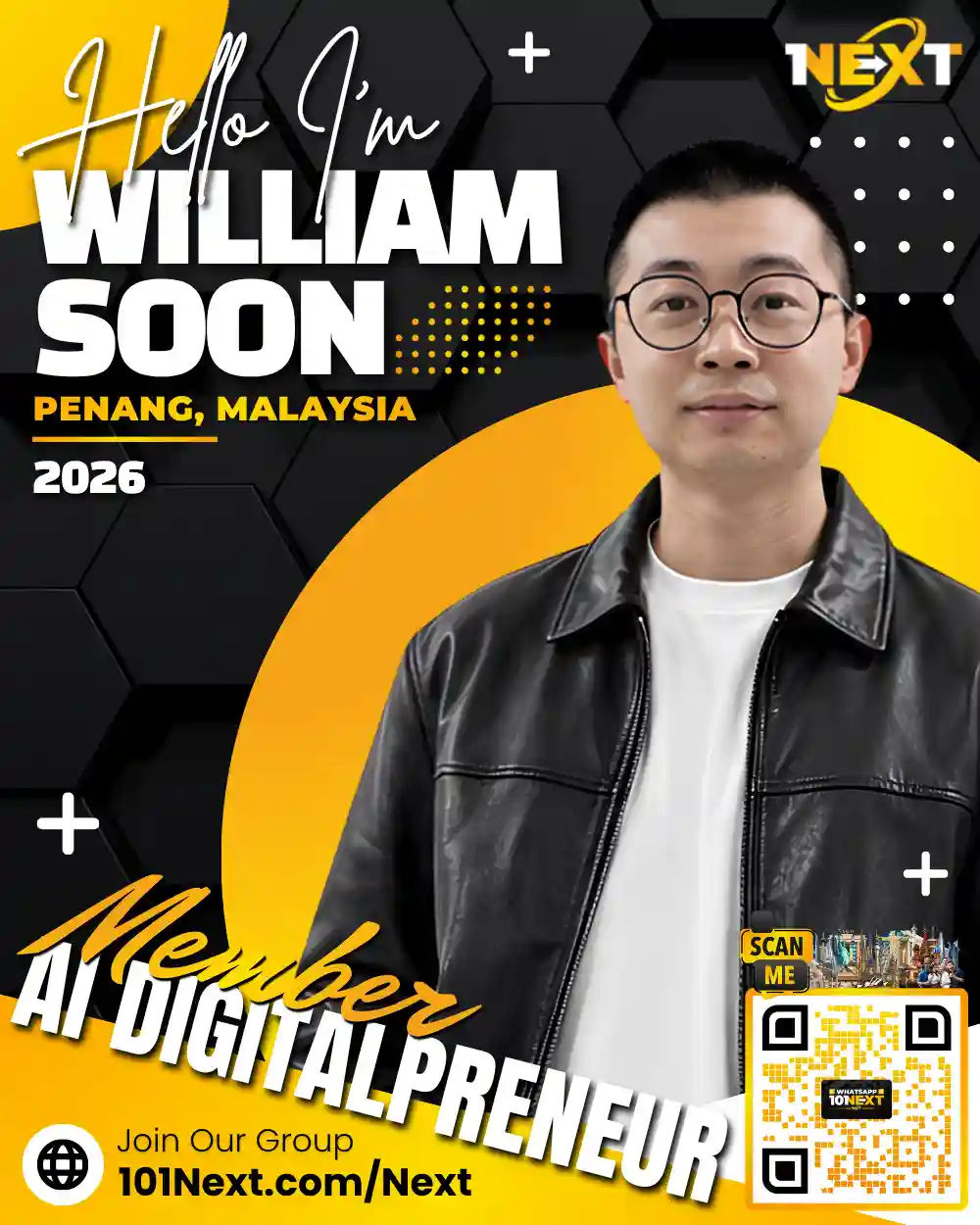 Portrait of William Soon Wei Chee, 101Next AI DigitalPreneur member, AI trainer and energy healer in Penang, Malaysia.
