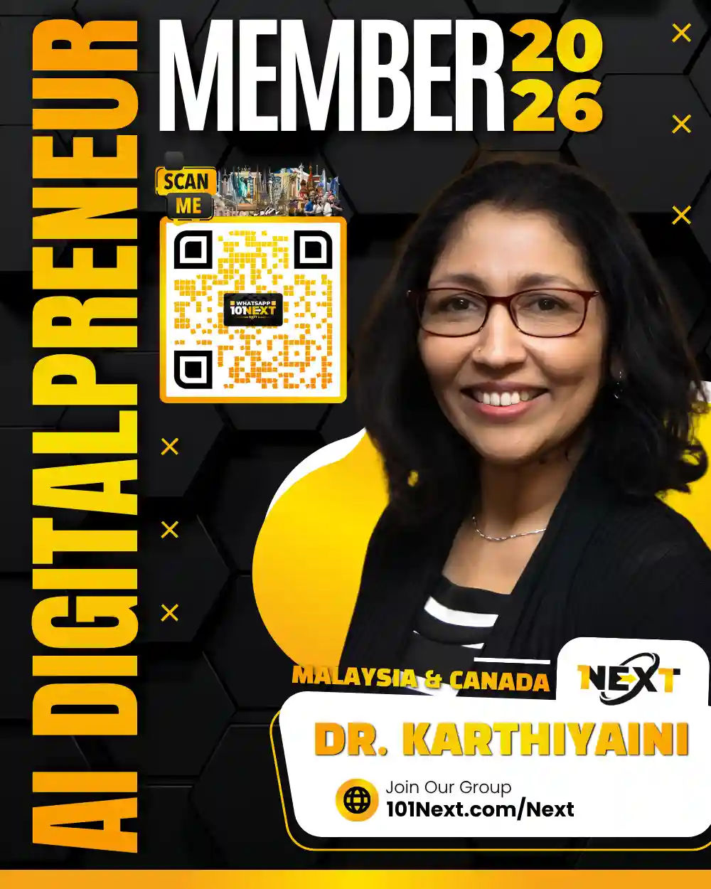 Portrait of Karthiyaini Devarajoo, 101Next AI DigitalPreneur member, lecturer in Canada.