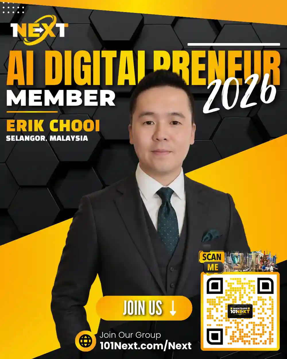 Portrait of Erik Chooi Che Wei, 101Next AI DigitalPreneur member, life planning advisor and risk management consultant in Selangor, Malaysia.