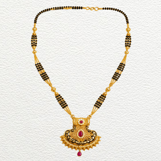 Gold Ganthan 1 Gram Gold Formed Traditional Multi-Strand Black Bead Mangalsutra With Ruby Pendant - CGA11413 side view
