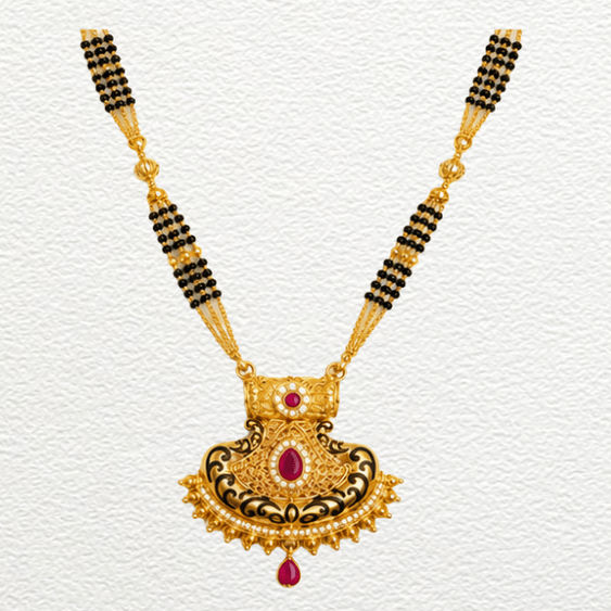 Gold Ganthan 1 Gram Gold Formed Traditional Multi-Strand Black Bead Mangalsutra With Ruby Pendant - CGA11413 close-up view
