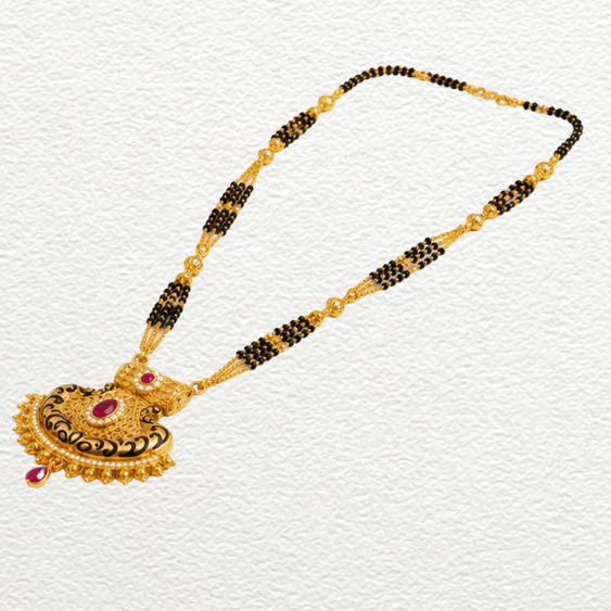 Gold Ganthan 1 Gram Gold Formed Traditional Multi-Strand Black Bead Mangalsutra With Ruby Pendant - CGA11413 detail view