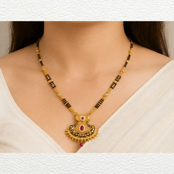 Gold Ganthan 1 Gram Gold Formed Traditional Multi-Strand Black Bead Mangalsutra With Ruby Pendant - CGA11413 front view