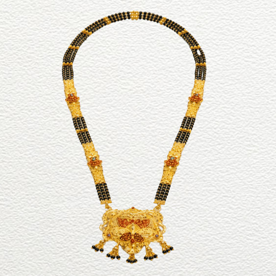 Gold Ganthan 1 Gram Gold Plated Traditional Floral Pendant Long Mangalsutra With Black Bead Chains - CGA14493 side view