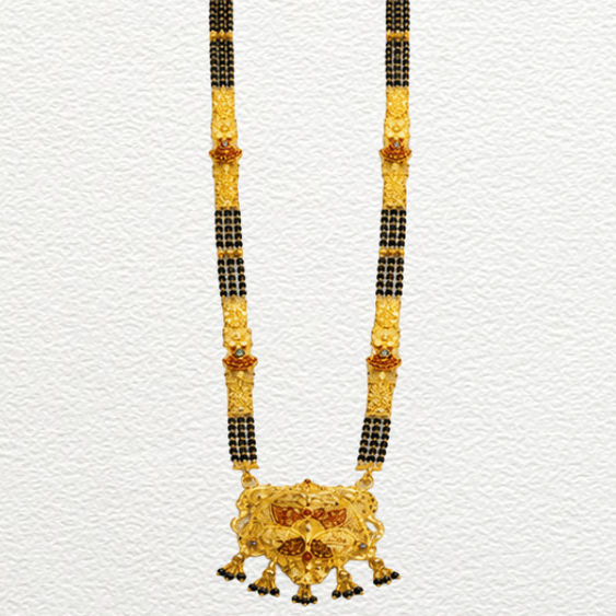 Gold Ganthan 1 Gram Gold Plated Traditional Floral Pendant Long Mangalsutra With Black Bead Chains - CGA14493 close-up view