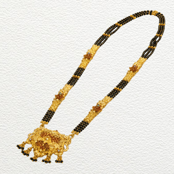 Gold Ganthan 1 Gram Gold Plated Traditional Floral Pendant Long Mangalsutra With Black Bead Chains - CGA14493 detail view