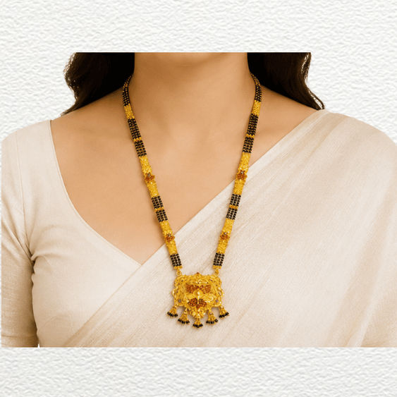 Gold Ganthan 1 Gram Gold Plated Traditional Floral Pendant Long Mangalsutra With Black Bead Chains - CGA14493 front view