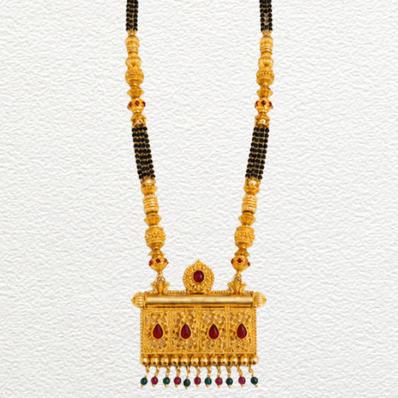 Gold Ganthan 1 Gram Gold Plated Traditional Rectangular Woven Pendant Mangalsutra With Ruby & Emerald Drops - CGA14728 front view