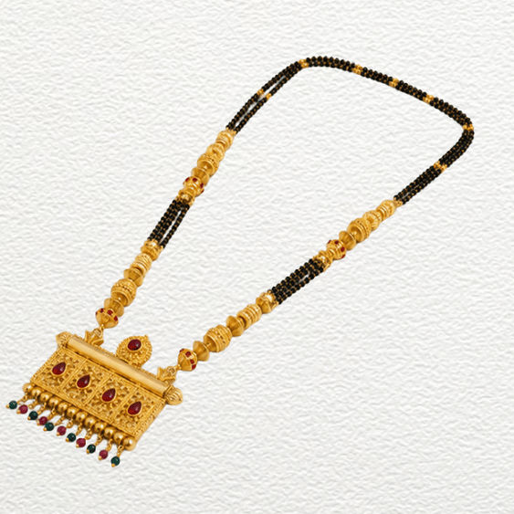 Gold Ganthan 1 Gram Gold Plated Traditional Rectangular Woven Pendant Mangalsutra With Ruby & Emerald Drops - CGA14728 side view