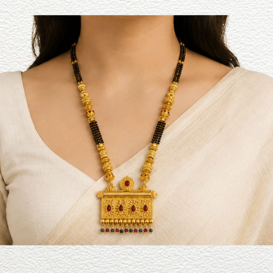 Gold Ganthan 1 Gram Gold Plated Traditional Rectangular Woven Pendant Mangalsutra With Ruby & Emerald Drops - CGA14728 close-up view