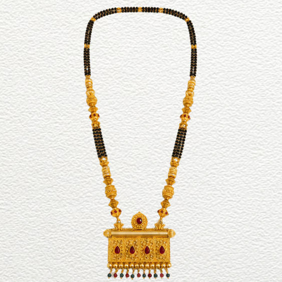 Gold Ganthan 1 Gram Gold Plated Traditional Rectangular Woven Pendant Mangalsutra With Ruby & Emerald Drops - CGA14728 detail view