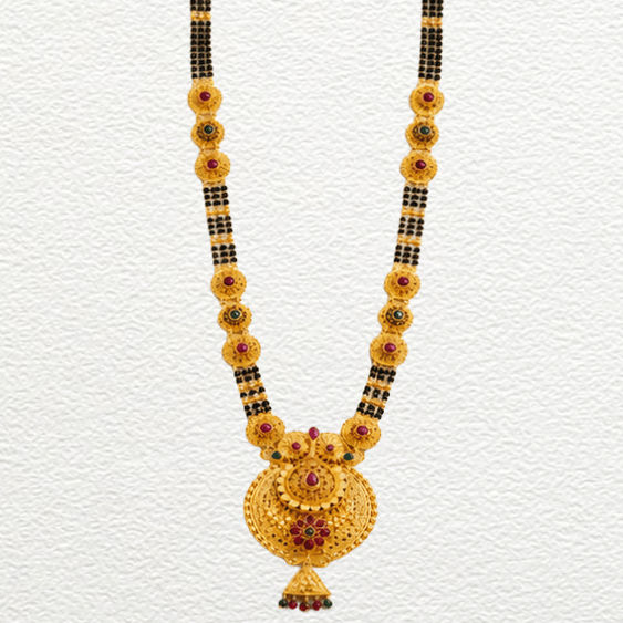 Gold Ganthan 1 Gram Gold Plated Grand Circular Chandbaali Pendant Long Mangalsutra With Ruby & Emerald Accents - CGA14736 front view