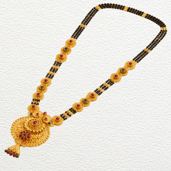 Gold Ganthan 1 Gram Gold Plated Grand Circular Chandbaali Pendant Long Mangalsutra With Ruby & Emerald Accents - CGA14736 side view