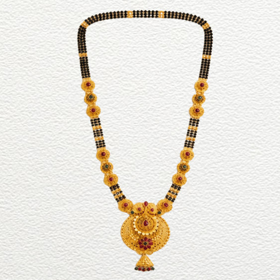 Gold Ganthan 1 Gram Gold Plated Grand Circular Chandbaali Pendant Long Mangalsutra With Ruby & Emerald Accents - CGA14736 detail view
