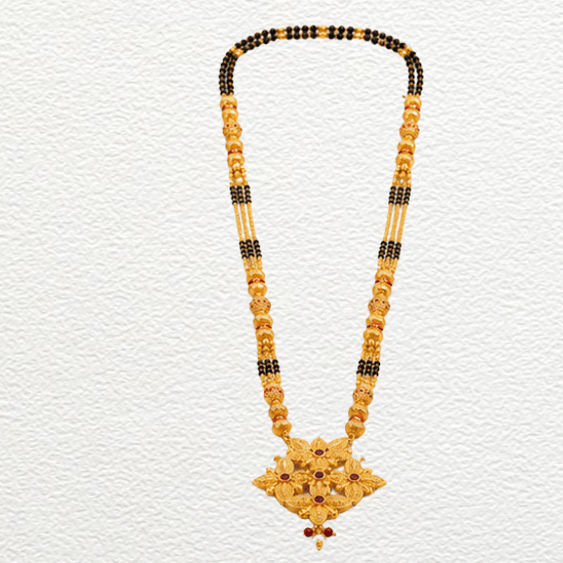 Gold Ganthan Traditional Floral Gold Mangalsutra With Red Stone Accents & Multi-Strand Black Bead Chain - CGA6024 front view