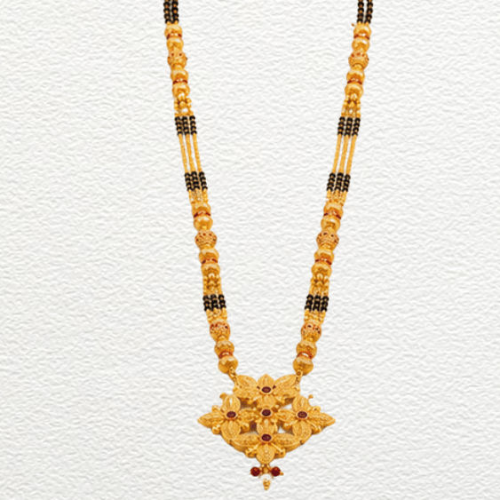 Gold Ganthan Traditional Floral Gold Mangalsutra With Red Stone Accents & Multi-Strand Black Bead Chain - CGA6024 side view
