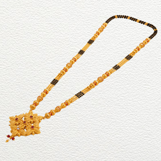 Gold Ganthan Traditional Floral Gold Mangalsutra With Red Stone Accents & Multi-Strand Black Bead Chain - CGA6024 close-up view