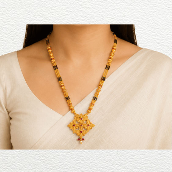 Gold Ganthan Traditional Floral Gold Mangalsutra With Red Stone Accents & Multi-Strand Black Bead Chain - CGA6024 detail view