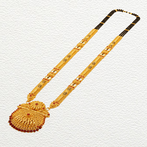 Gold Ganthan Traditional Gold Long-Chain Temple Mangalsutra With Red Beads & Antique Filigree Pendant - CGA60405 front view