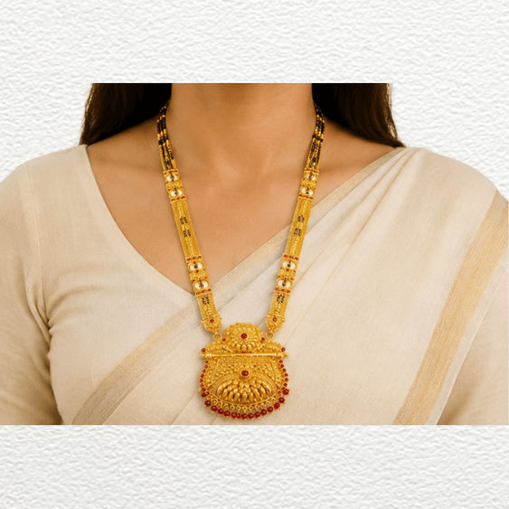 Gold Ganthan Traditional Gold Long-Chain Temple Mangalsutra With Red Beads & Antique Filigree Pendant - CGA60405 side view