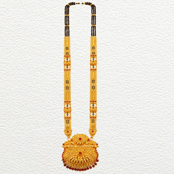 Gold Ganthan Traditional Gold Long-Chain Temple Mangalsutra With Red Beads & Antique Filigree Pendant - CGA60405 close-up view
