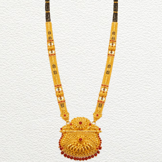Gold Ganthan Traditional Gold Long-Chain Temple Mangalsutra With Red Beads & Antique Filigree Pendant - CGA60405 detail view