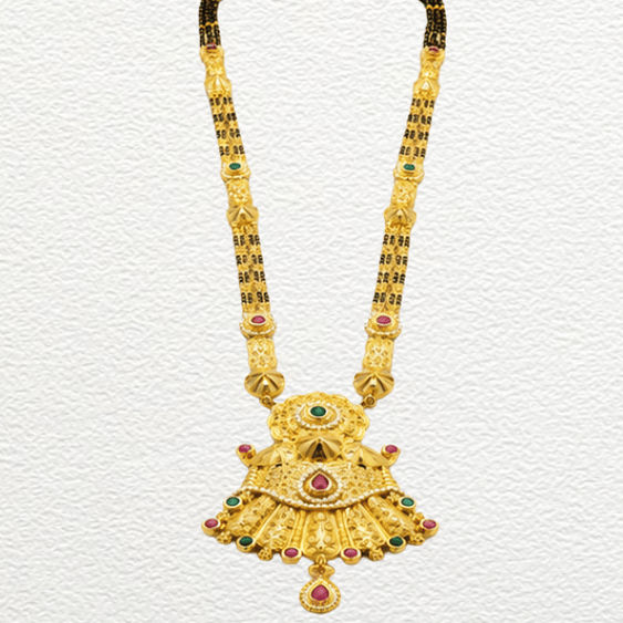 Gold Ganthan Traditional Gold Fan-Pendant Mangalsutra With Ruby & Emerald Stone Accents - CGA60500 front view