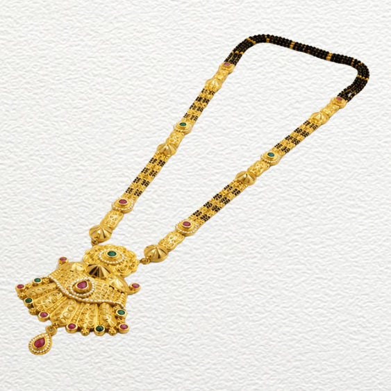 Gold Ganthan Traditional Gold Fan-Pendant Mangalsutra With Ruby & Emerald Stone Accents - CGA60500 side view