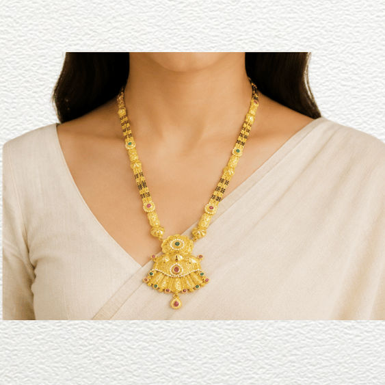 Gold Ganthan Traditional Gold Fan-Pendant Mangalsutra With Ruby & Emerald Stone Accents - CGA60500 close-up view