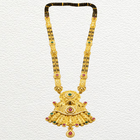 Gold Ganthan Traditional Gold Fan-Pendant Mangalsutra With Ruby & Emerald Stone Accents - CGA60500 detail view