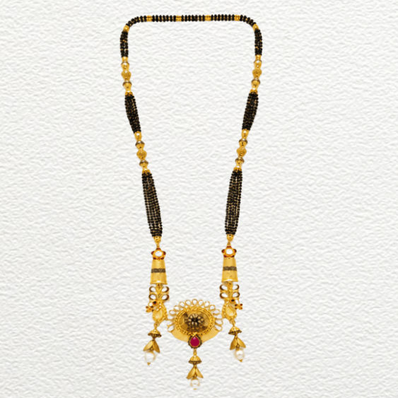 Gold Ganthan Traditional Gold Circular Pendant Mangalsutra With Pearl Drops & Red Accents - CGA60624 front view