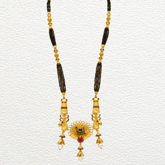 Gold Ganthan Traditional Gold Circular Pendant Mangalsutra With Pearl Drops & Red Accents - CGA60624 side view