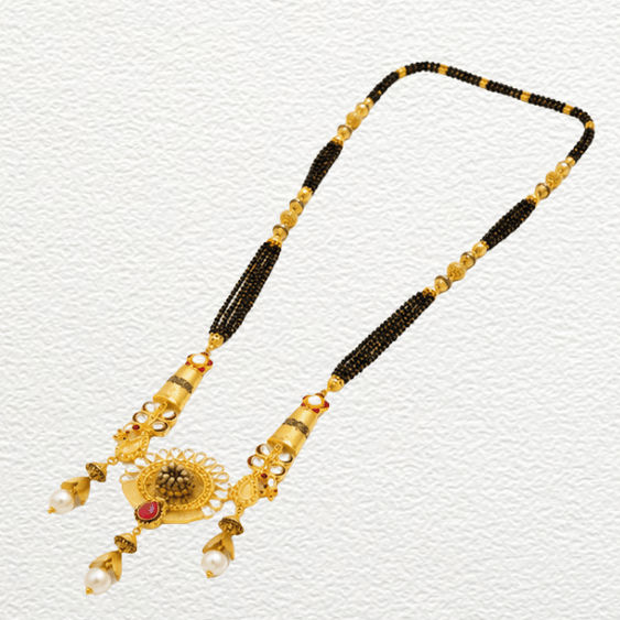 Gold Ganthan Traditional Gold Circular Pendant Mangalsutra With Pearl Drops & Red Accents - CGA60624 close-up view
