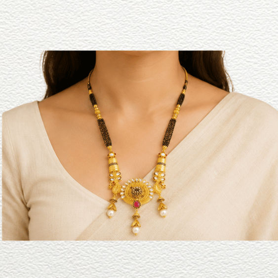 Gold Ganthan Traditional Gold Circular Pendant Mangalsutra With Pearl Drops & Red Accents - CGA60624 detail view