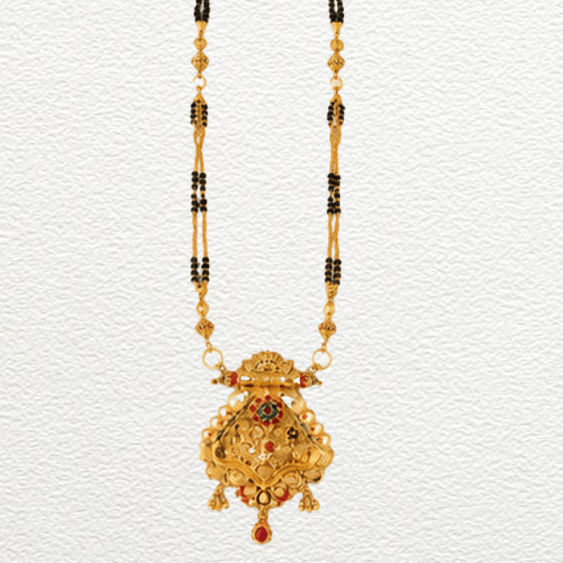 Gold Ganthan Traditional Gold Meenakari Pendant Mangalsutra With Red Stone Droplet - CGA60639 front view