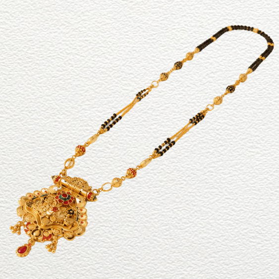 Gold Ganthan Traditional Gold Meenakari Pendant Mangalsutra With Red Stone Droplet - CGA60639 side view