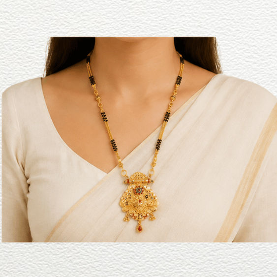 Gold Ganthan Traditional Gold Meenakari Pendant Mangalsutra With Red Stone Droplet - CGA60639 close-up view