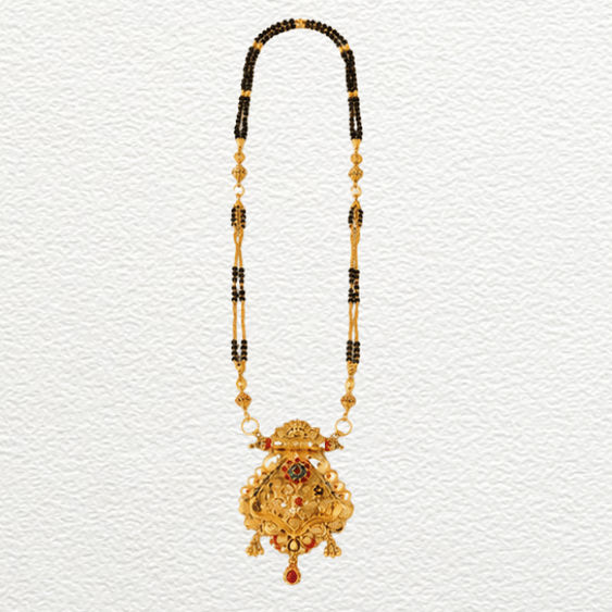 Gold Ganthan Traditional Gold Meenakari Pendant Mangalsutra With Red Stone Droplet - CGA60639 detail view