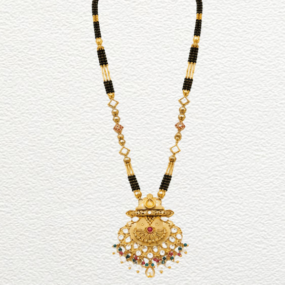 Gold Ganthan Royal Gold Kundan & Gemstone Crescent Pendant Mangalsutra - CGA60814 side view
