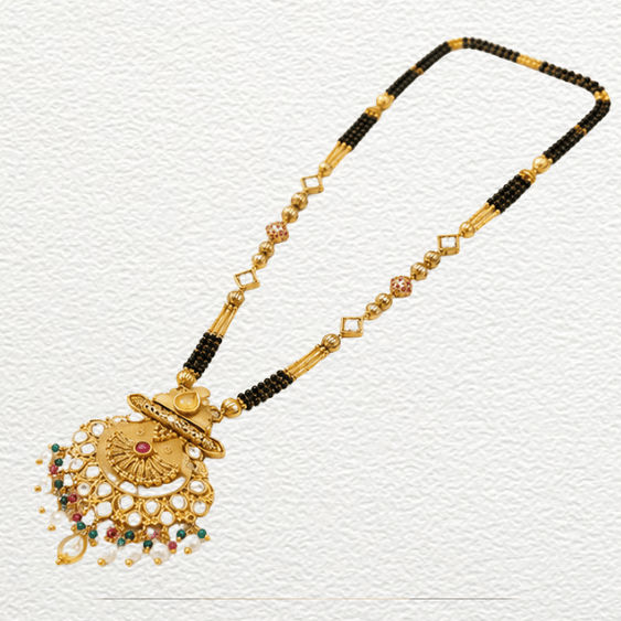 Gold Ganthan Royal Gold Kundan & Gemstone Crescent Pendant Mangalsutra - CGA60814 close-up view