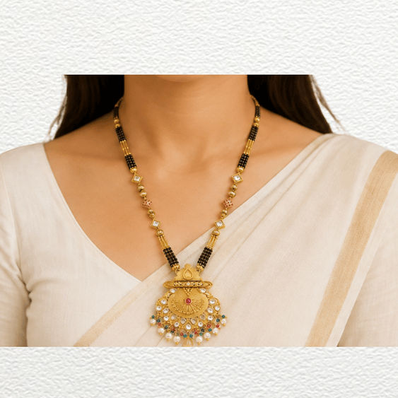 Gold Ganthan Royal Gold Kundan & Gemstone Crescent Pendant Mangalsutra - CGA60814 detail view