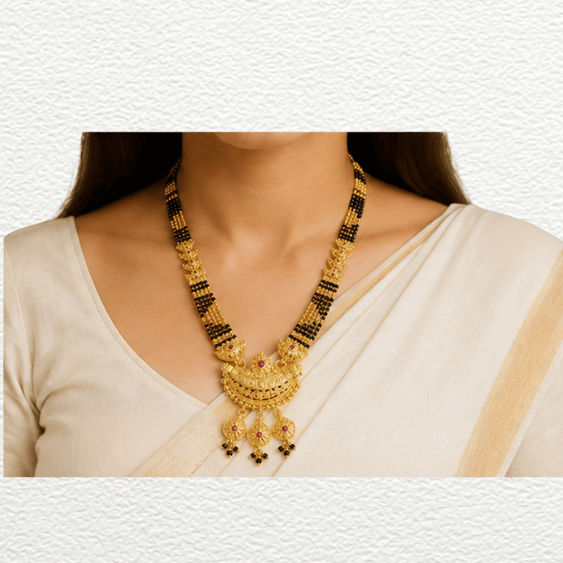 Gold Ganthan Traditional Circular Dome Gold Mangalsutra With Ruby Red Stone Accents - CGA60861