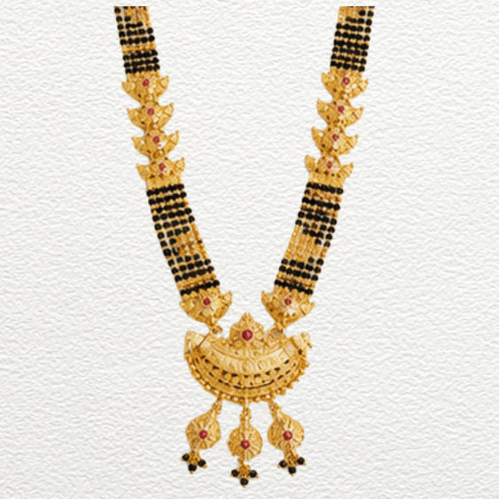 Gold Ganthan Traditional Circular Dome Gold Mangalsutra With Ruby Red Stone Accents - CGA60861 close-up view
