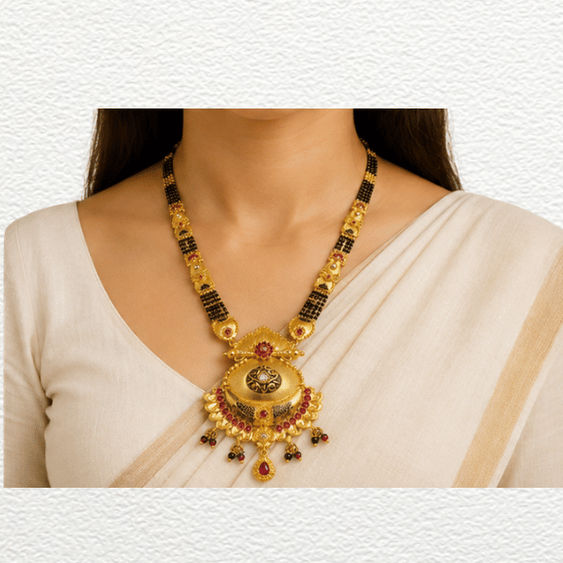 Gold Ganthan Traditional Gold Dome Pendant Mangalsutra With Ruby Red Stones - CGA60862