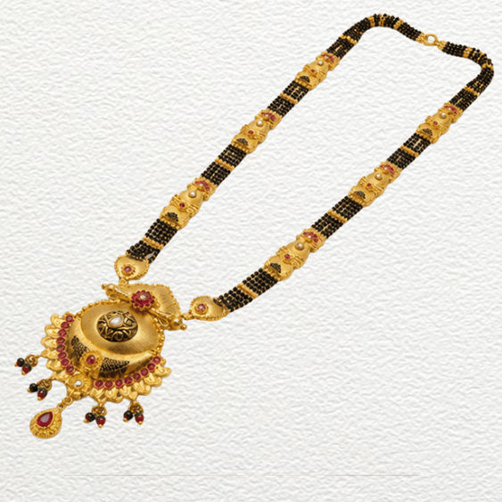 Gold Ganthan Traditional Gold Dome Pendant Mangalsutra With Ruby Red Stones - CGA60862 close-up view