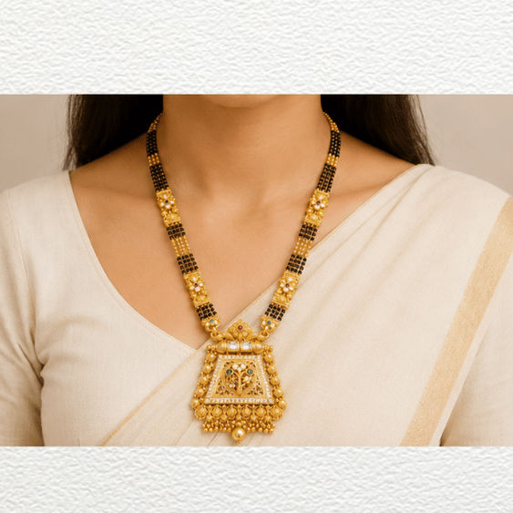 Gold Ganthan Traditional Gold Trapezoidal Filigree Pendant Mangalsutra Product Description - CGA61388 detail view