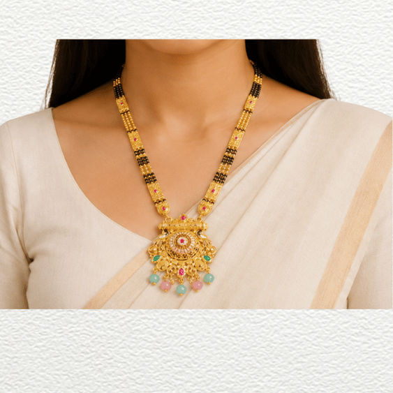 Gold Ganthan Traditional Gold Filigree Medallion Mangalsutra With Pastel Gemstone Droplets - CGA61440